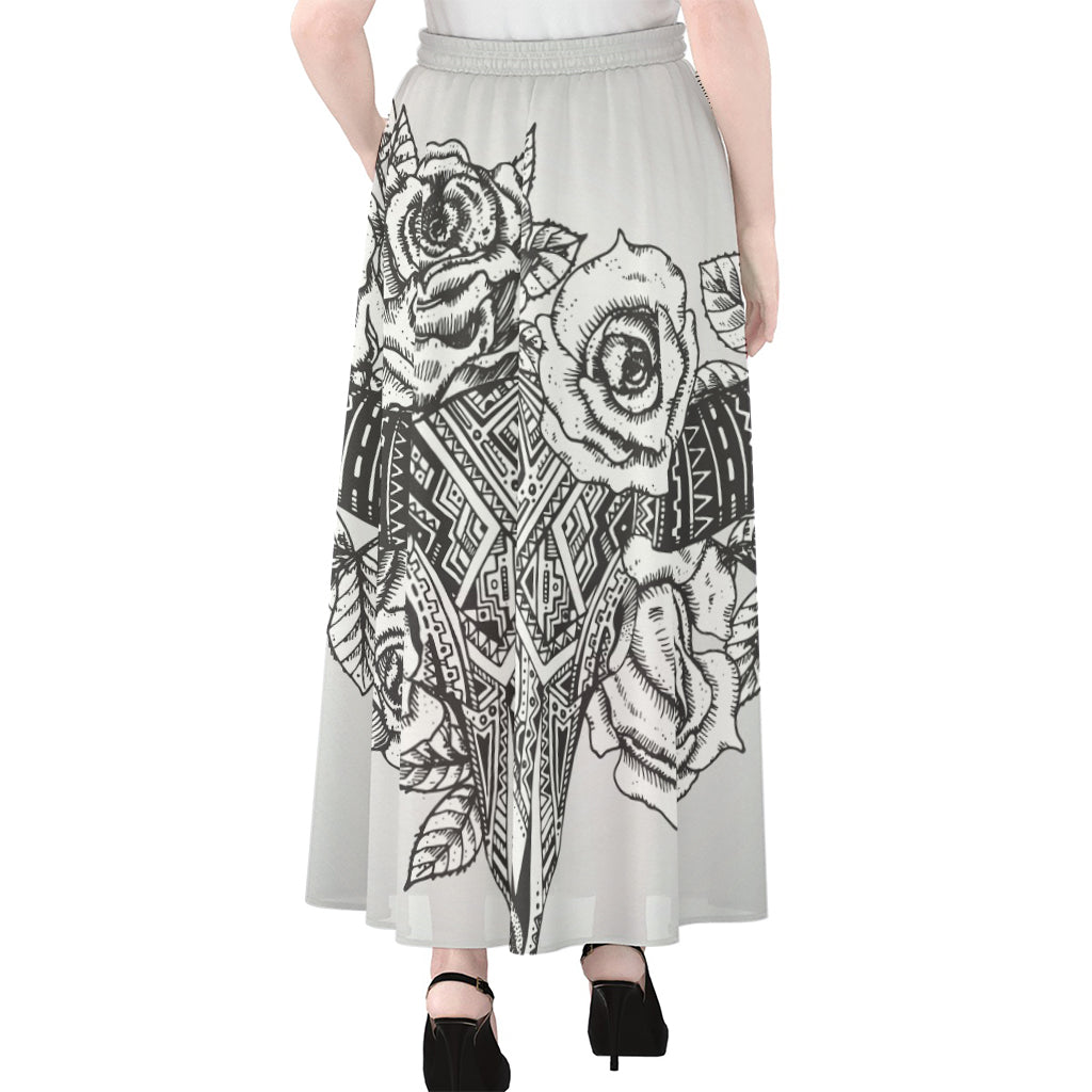 Tribal Indian Bull Skull Print Chiffon Maxi Skirt