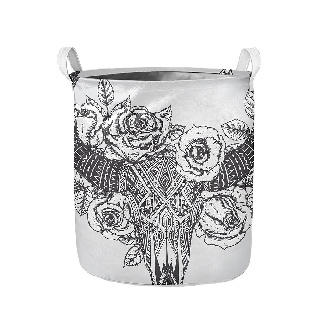 Tribal Indian Bull Skull Print Collapsible Laundry Basket