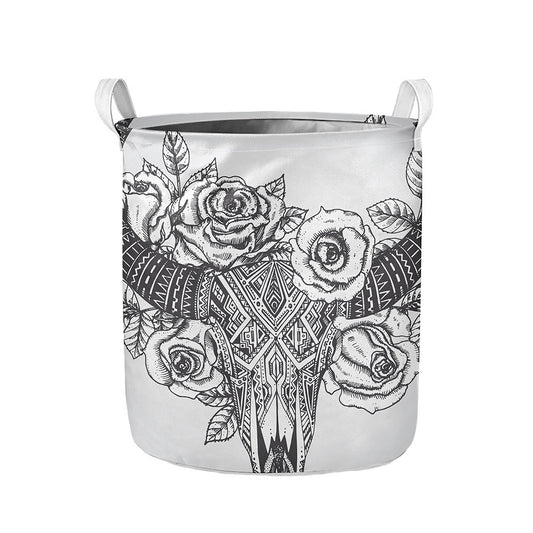 Tribal Indian Bull Skull Print Collapsible Laundry Basket