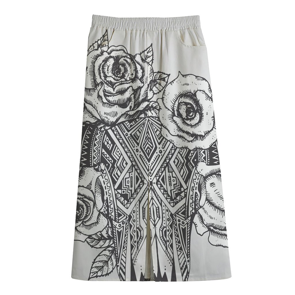 Tribal Indian Bull Skull Print Cotton Front Slit Maxi Skirt