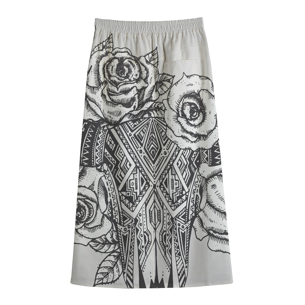 Tribal Indian Bull Skull Print Cotton Front Slit Maxi Skirt