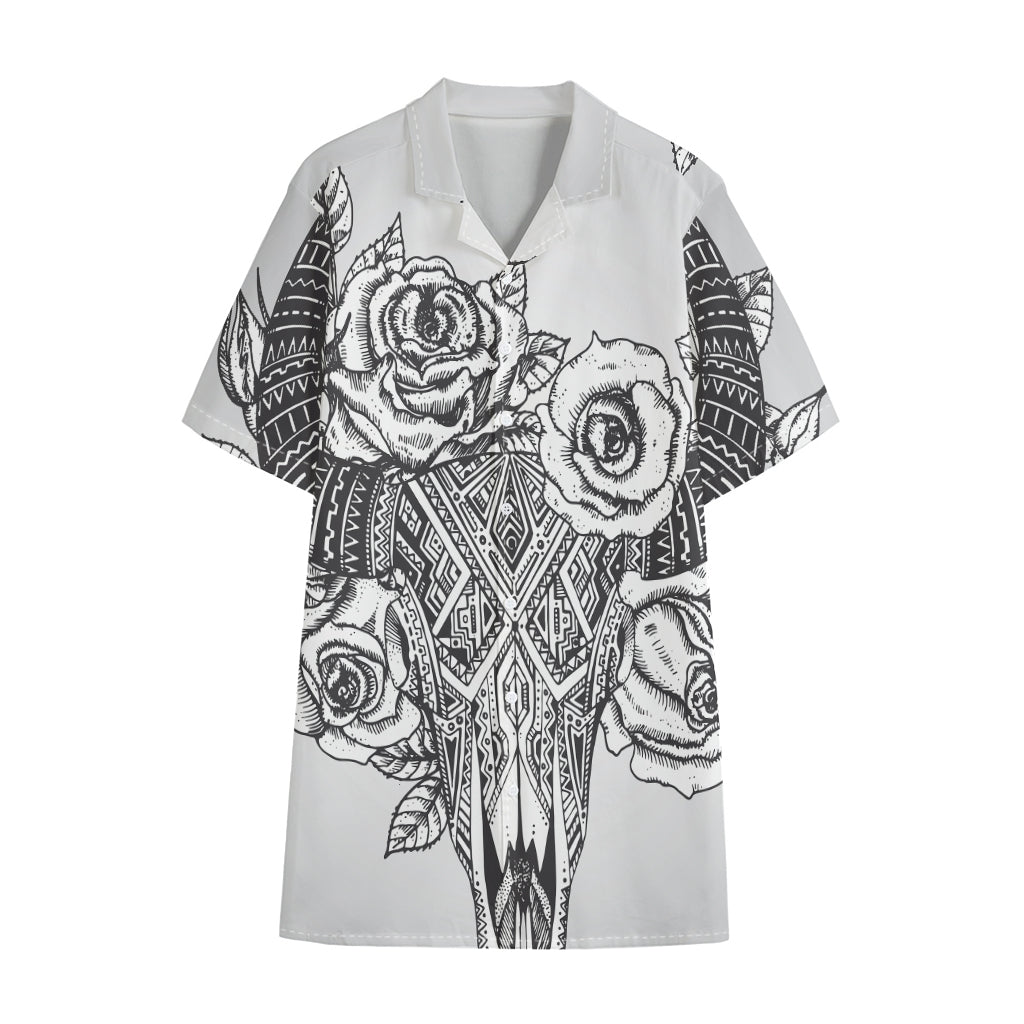 Tribal Indian Bull Skull Print Cotton Hawaiian Shirt