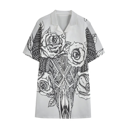Tribal Indian Bull Skull Print Cotton Hawaiian Shirt