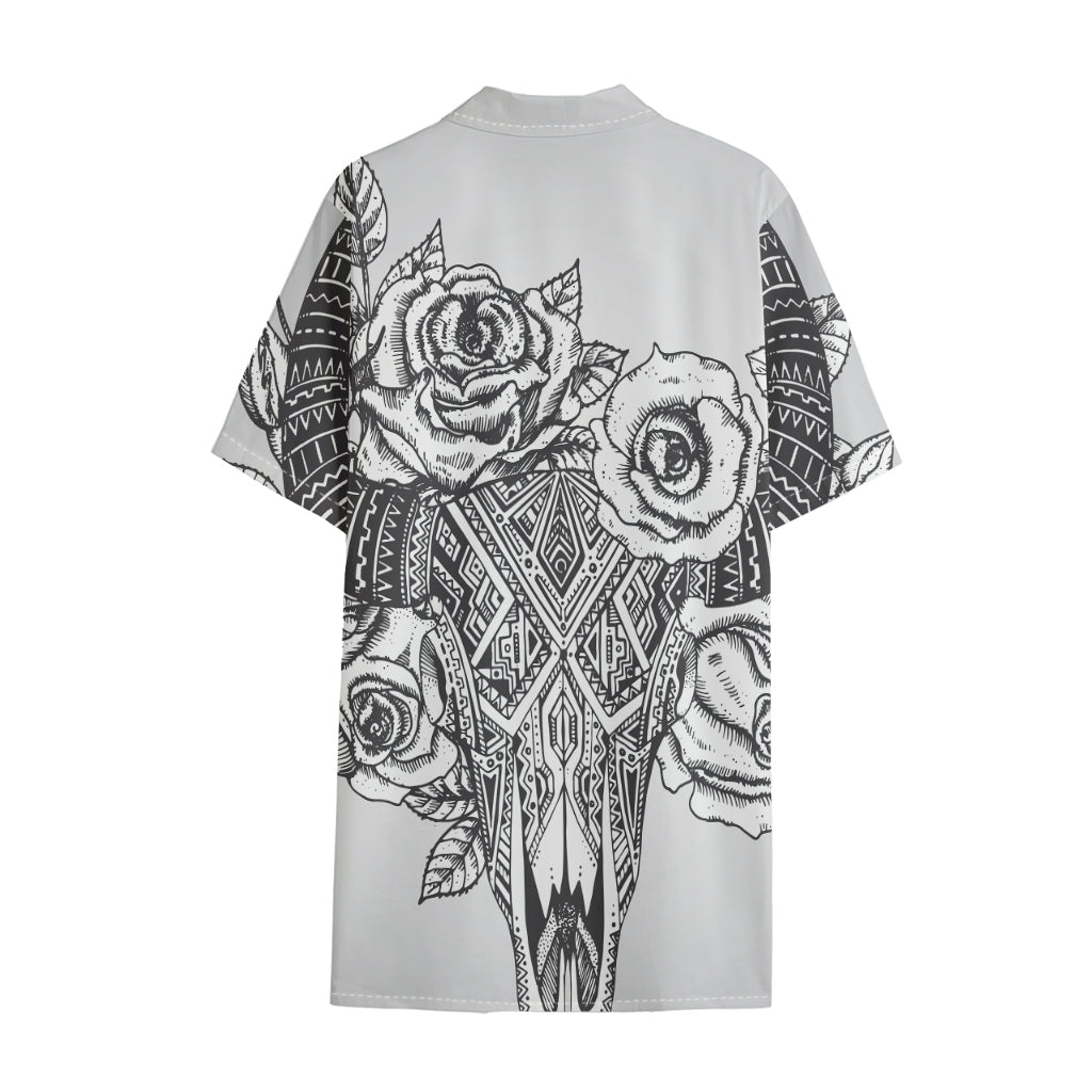 Tribal Indian Bull Skull Print Cotton Hawaiian Shirt