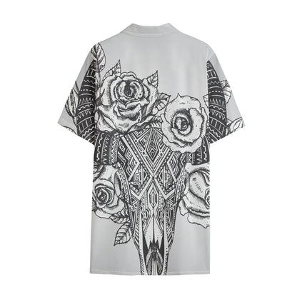 Tribal Indian Bull Skull Print Cotton Hawaiian Shirt