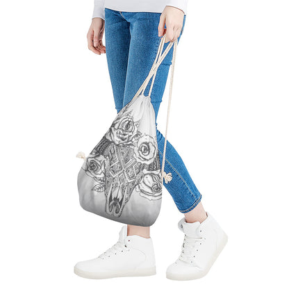 Tribal Indian Bull Skull Print Drawstring Bag