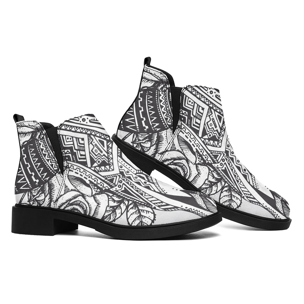 Tribal Indian Bull Skull Print Flat Ankle Boots