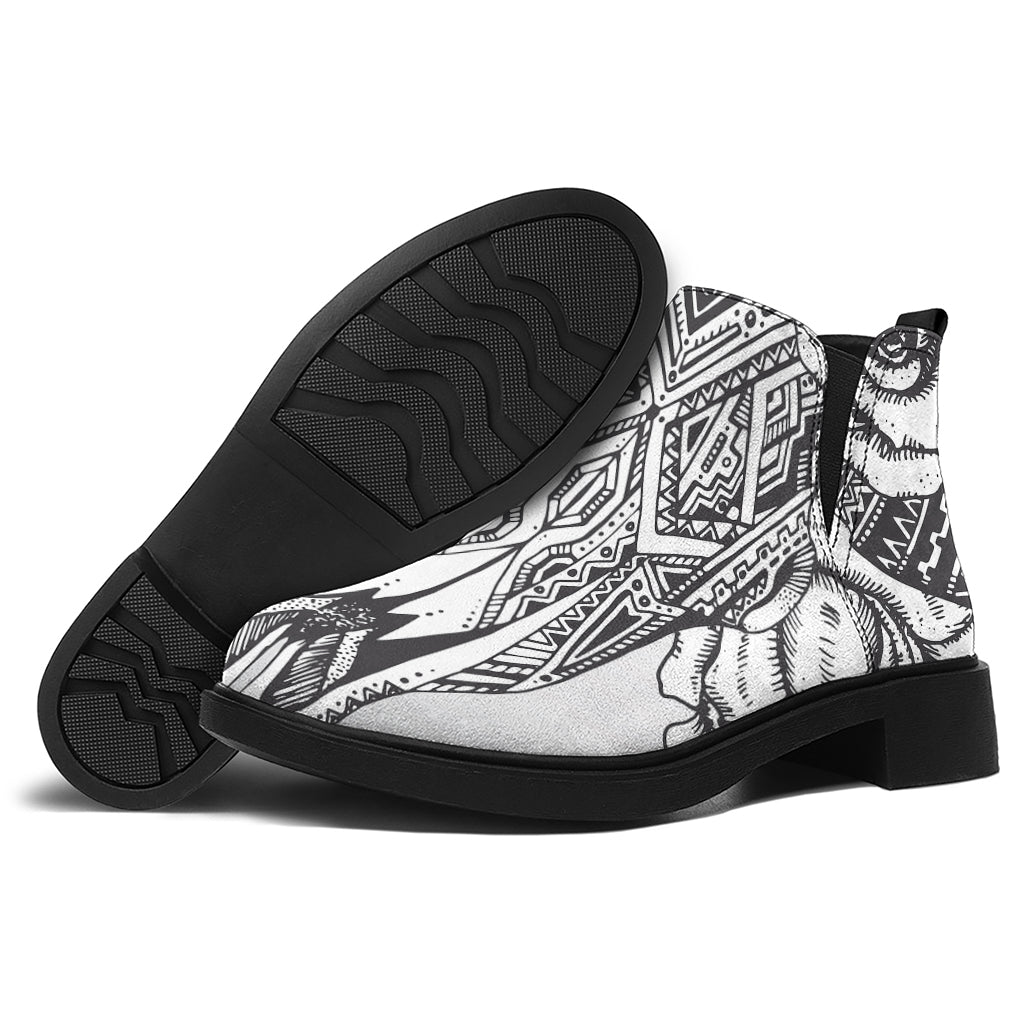 Tribal Indian Bull Skull Print Flat Ankle Boots