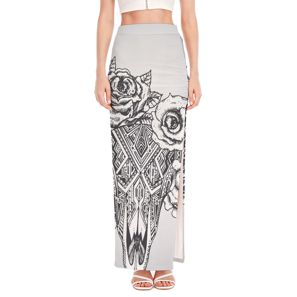 Tribal Indian Bull Skull Print High Slit Maxi Skirt