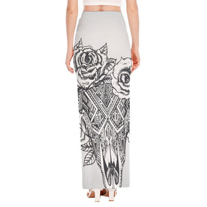 Tribal Indian Bull Skull Print High Slit Maxi Skirt