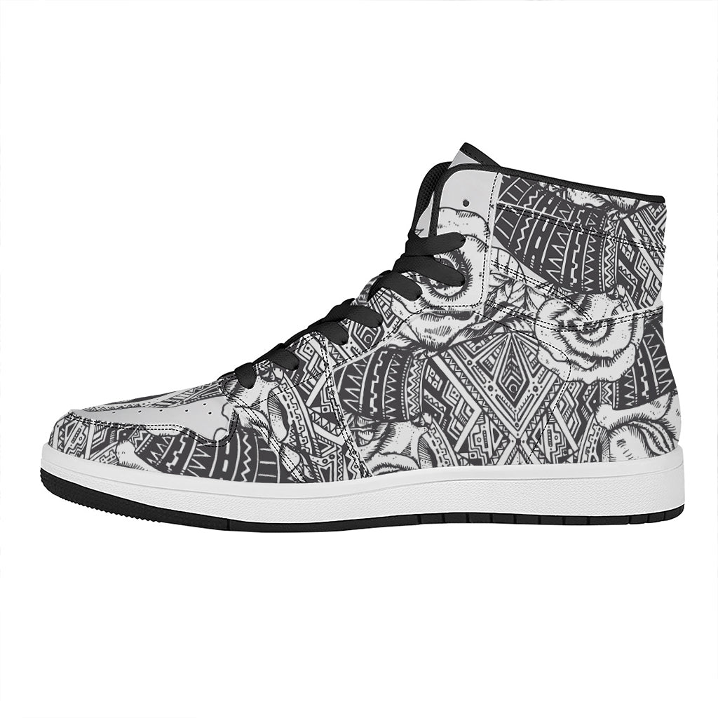 Tribal Indian Bull Skull Print High Top Leather Sneakers