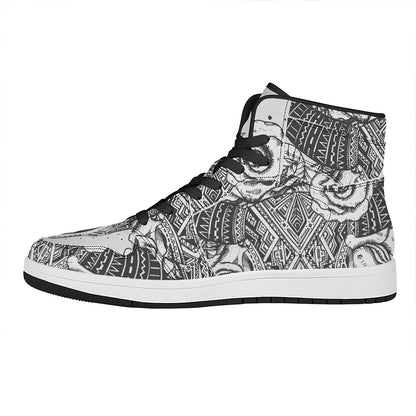 Tribal Indian Bull Skull Print High Top Leather Sneakers