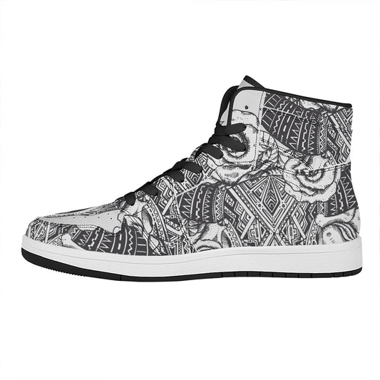 Tribal Indian Bull Skull Print High Top Leather Sneakers