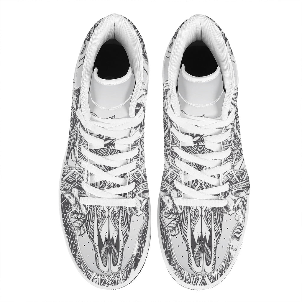 Tribal Indian Bull Skull Print High Top Leather Sneakers