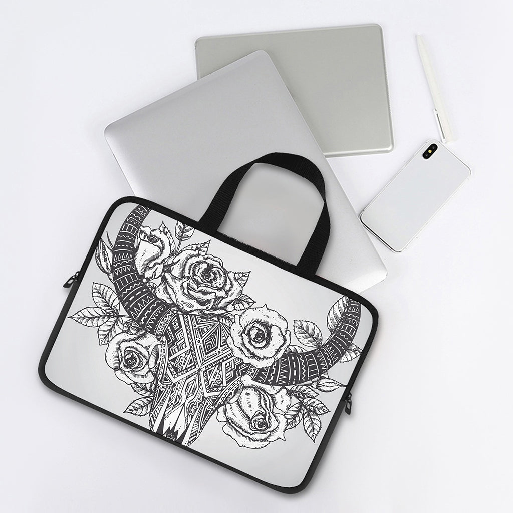 Tribal Indian Bull Skull Print Laptop Sleeve With Handle