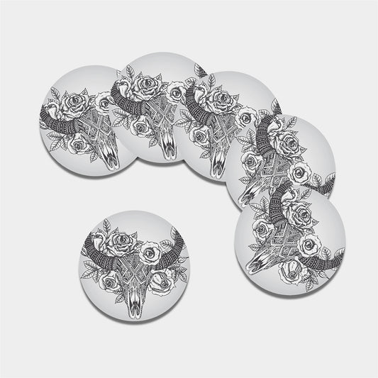 Tribal Indian Bull Skull Print Leather Coaster Set