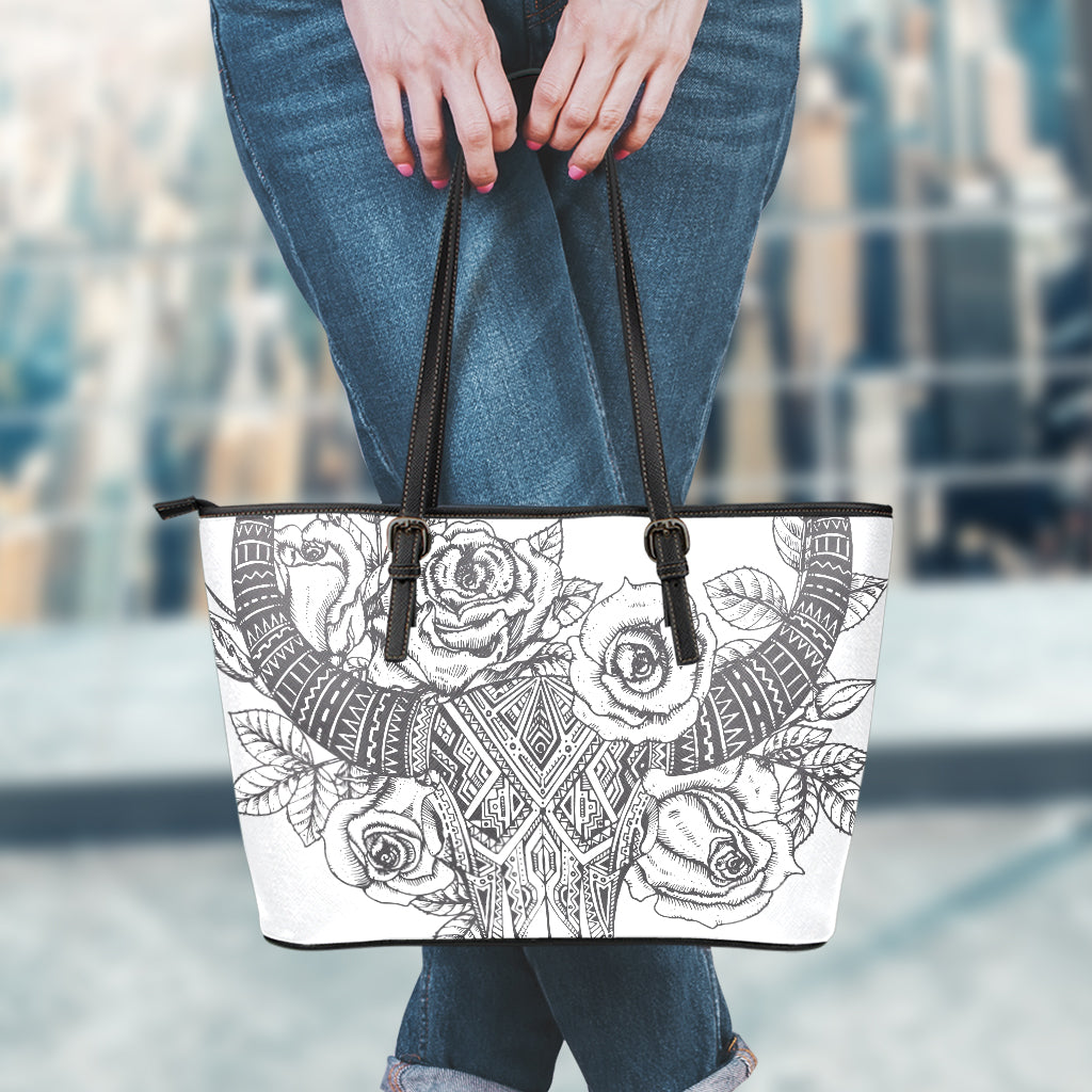 Tribal Indian Bull Skull Print Leather Tote Bag