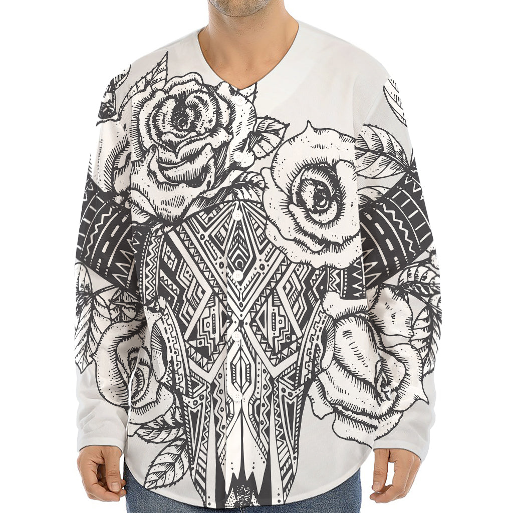 Tribal Indian Bull Skull Print Long Sleeve Baseball Jersey