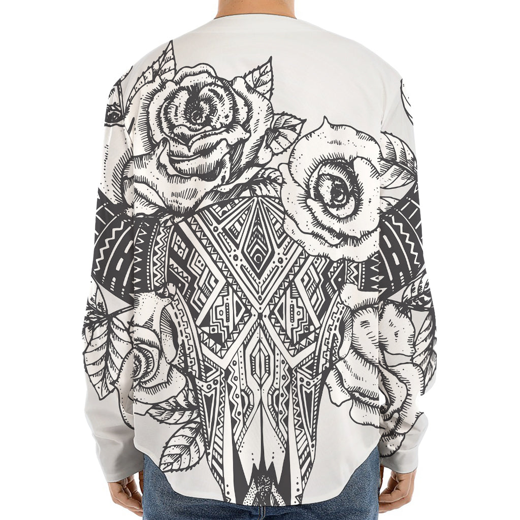 Tribal Indian Bull Skull Print Long Sleeve Baseball Jersey