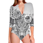 Tribal Indian Bull Skull Print Long Sleeve Swimsuit