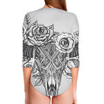 Tribal Indian Bull Skull Print Long Sleeve Swimsuit