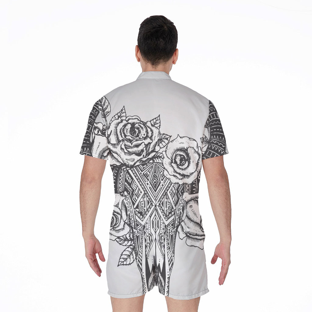 Tribal Indian Bull Skull Print Men's Rompers