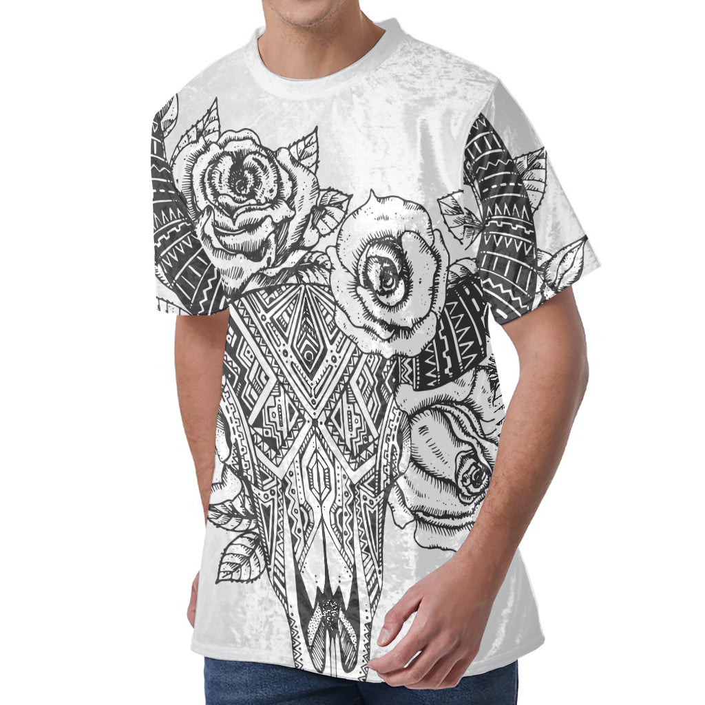 Tribal Indian Bull Skull Print Men's Velvet T-Shirt