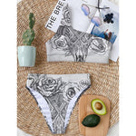 Tribal Indian Bull Skull Print One Shoulder Bikini Top