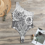 Tribal Indian Bull Skull Print One Shoulder Bodysuit