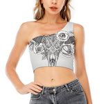 Tribal Indian Bull Skull Print One Shoulder Crop Top