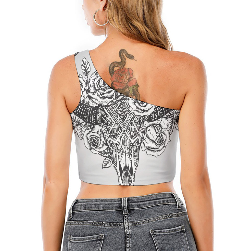 Tribal Indian Bull Skull Print One Shoulder Crop Top