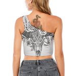 Tribal Indian Bull Skull Print One Shoulder Crop Top