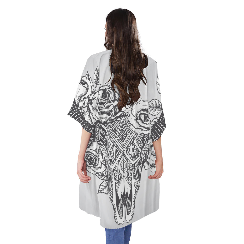 Tribal Indian Bull Skull Print Open Front Beach Cover Up