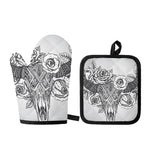 Tribal Indian Bull Skull Print Oven Mitt And Pot Holder Set