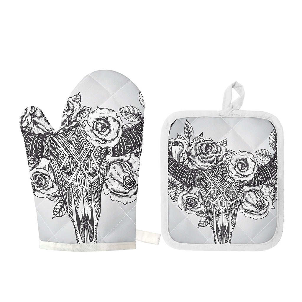 Tribal Indian Bull Skull Print Oven Mitt And Pot Holder Set