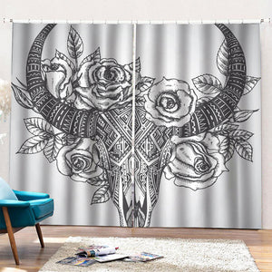 Tribal Indian Bull Skull Print Pencil Pleat Curtains