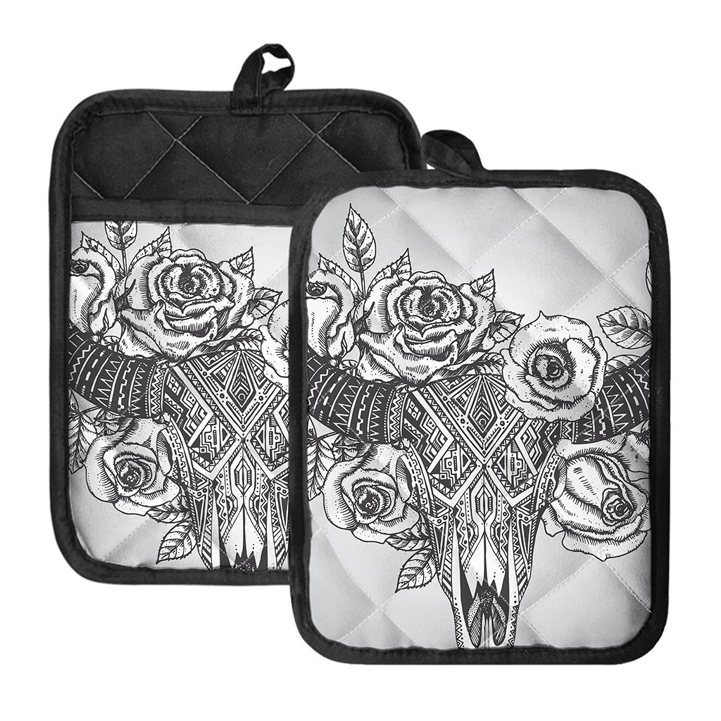 Tribal Indian Bull Skull Print Pot Holders With Pocket