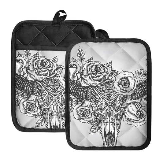 Tribal Indian Bull Skull Print Pot Holders With Pocket