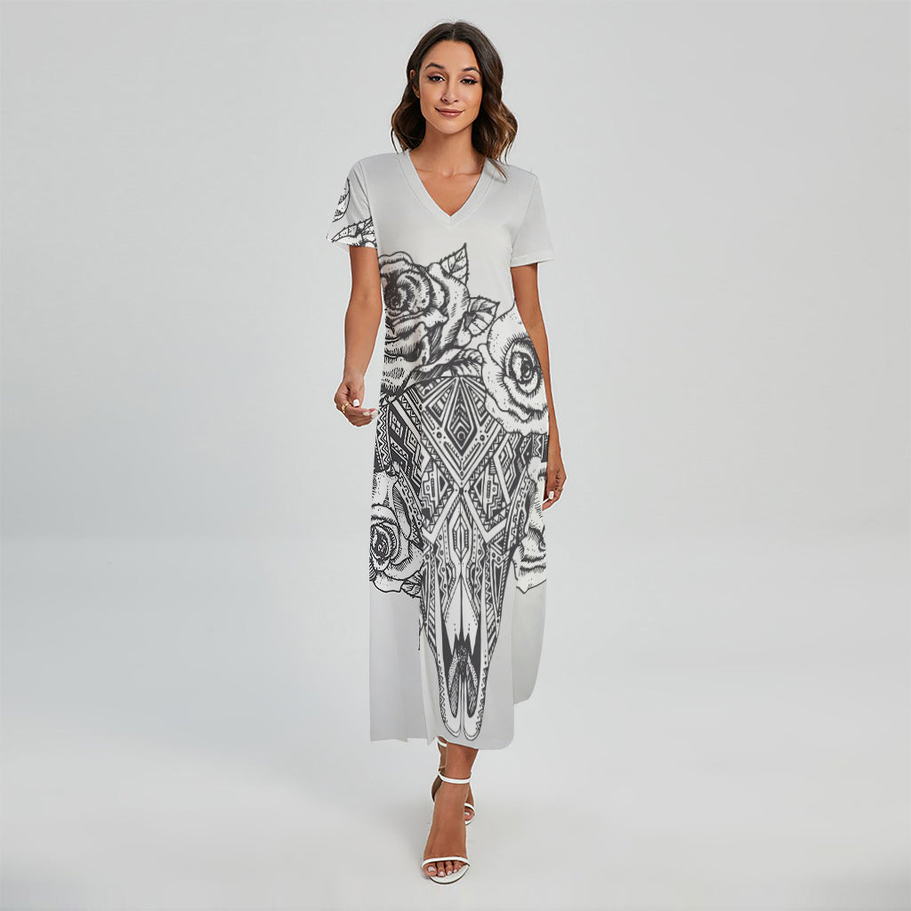 Tribal Indian Bull Skull Print Short Sleeve Maxi Dress