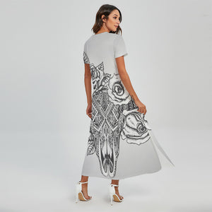 Tribal Indian Bull Skull Print Short Sleeve Maxi Dress