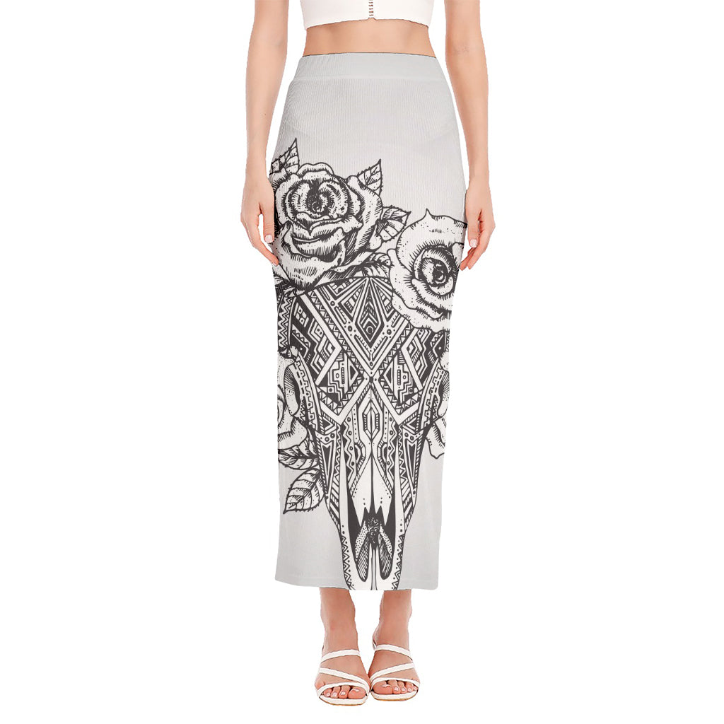 Tribal Indian Bull Skull Print Side Slit Maxi Skirt