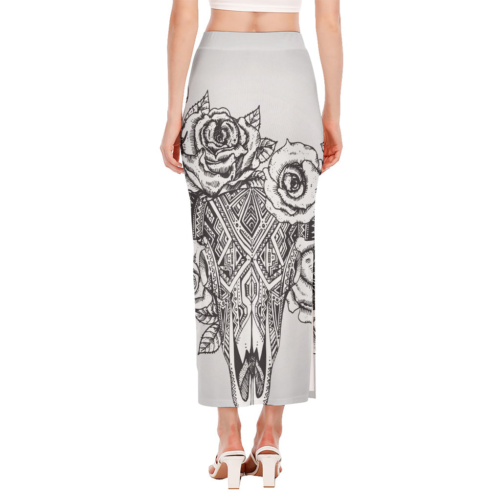 Tribal Indian Bull Skull Print Side Slit Maxi Skirt