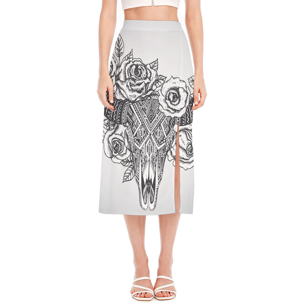 Tribal Indian Bull Skull Print Side Slit Midi Skirt