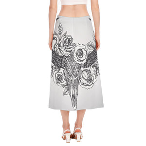 Tribal Indian Bull Skull Print Side Slit Midi Skirt