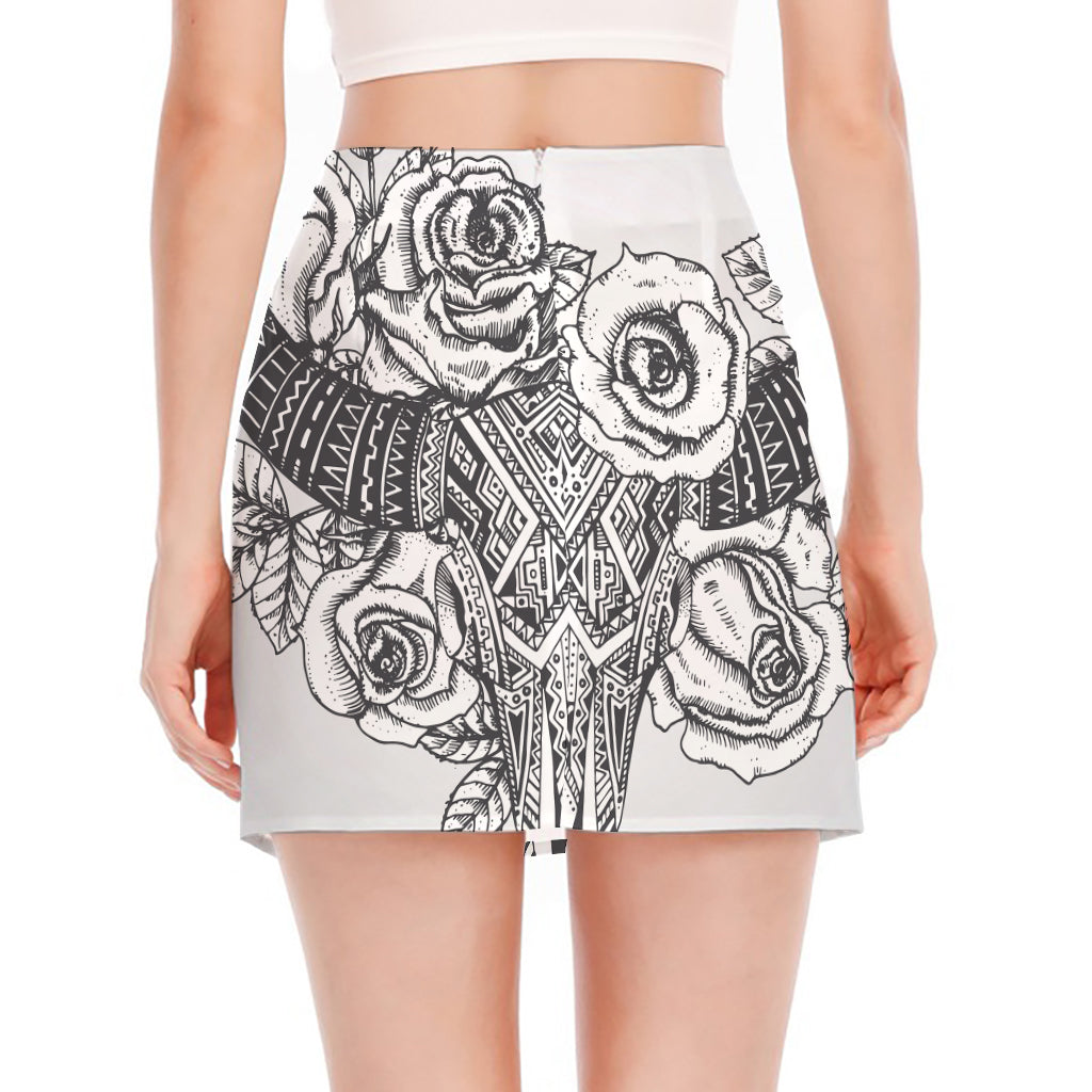 Tribal Indian Bull Skull Print Side Slit Mini Skirt