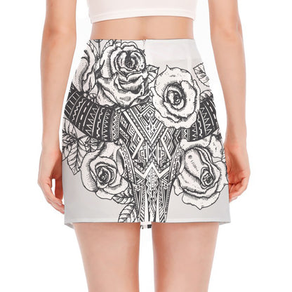 Tribal Indian Bull Skull Print Side Slit Mini Skirt
