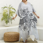 Tribal Indian Bull Skull Print Silk V-Neck Kaftan Dress