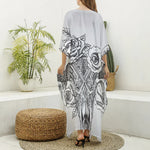 Tribal Indian Bull Skull Print Silk V-Neck Kaftan Dress