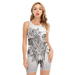 Tribal Indian Bull Skull Print Sleeveless One Piece Swimsuit