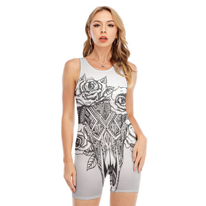 Tribal Indian Bull Skull Print Sleeveless One Piece Swimsuit